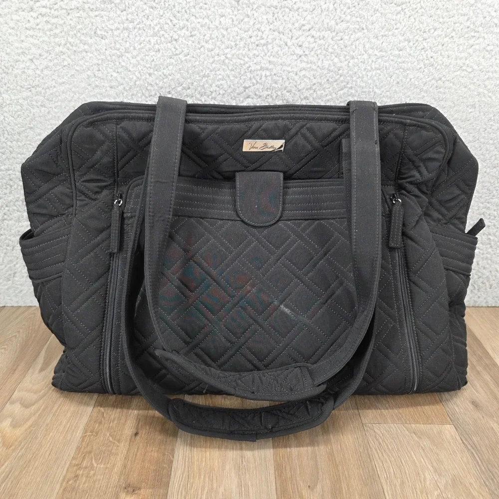 Vera Bradley Large Quilted Diaper Bag Black Microfiber Travel Tote Baby Bag